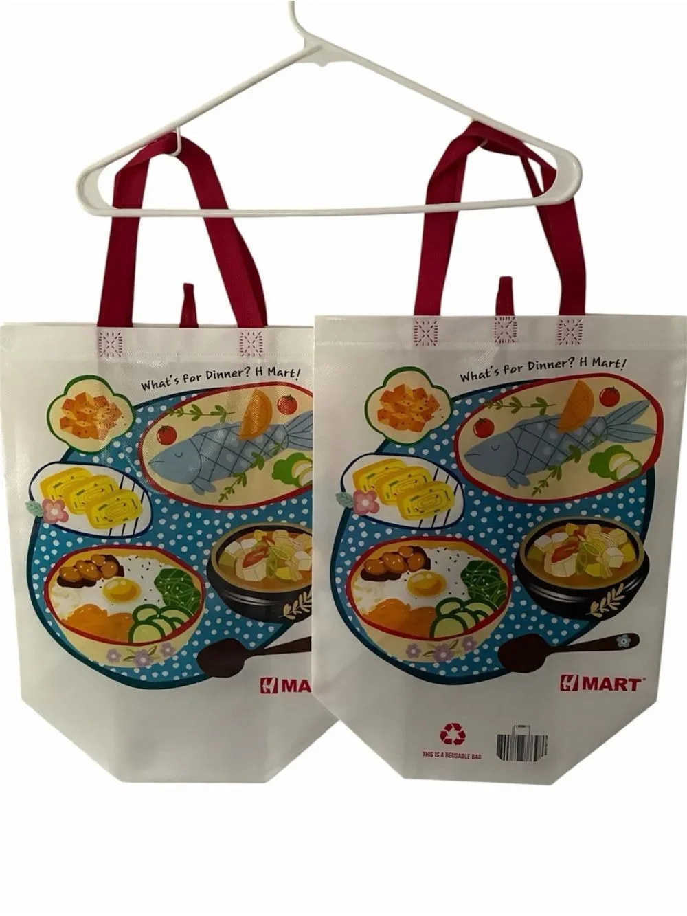 H Mart Reusable Grocery Tote Bag - White with Colorful Food Print